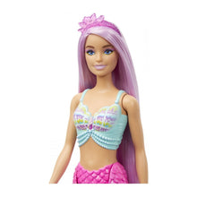 Încarcă imaginea în Galerie, Barbie Papusa Sirena cu Par Mov si Coada Roz