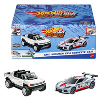 Încarcă imaginea în Galerie, Hot Wheels Set 2 Masinute Metalice Pull Back Gmc Hummer Ev si Corvette C8R