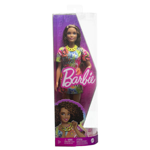 Barbie Papusa Fashionista Satena cu Rochie cu Imprimeu Good Vibes