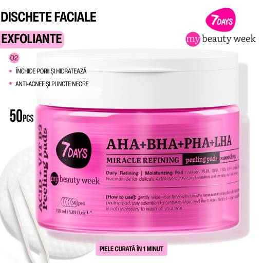 7DAYS Dischete Faciale Exfoliante cu AHA si BHA Multi-Acizi 50buc