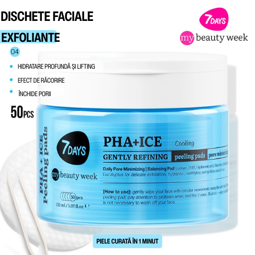 7DAYS Dischete Faciale Exfoliante PHA+ICE Efect Racire 50buc