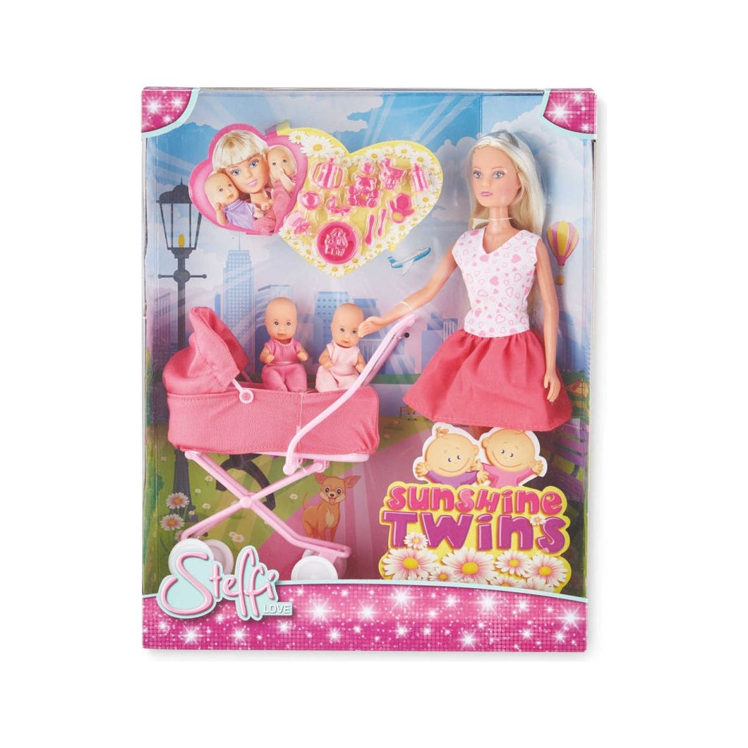 Steffi Love Papusa Fusta Roz cu Carucior si Gemeni