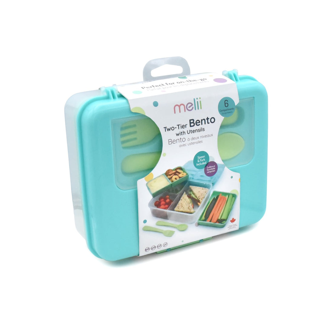 Melii Cutie Pranz Bento 2 Nivele cu Tacamuri Blue Mint Lime