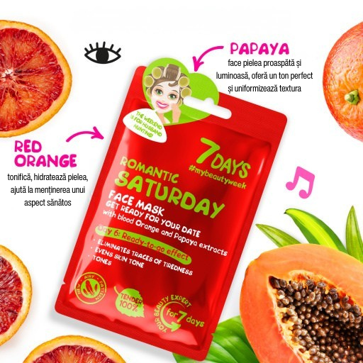7DAYS Masca de Fata Romantic Saturday Portocala Rosie & Papaya 28g - Pentru Luminozitate