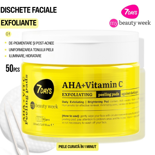 Dischete Faciale Exfoliante 7DAYS MBW AHA + Vitamina C Iluminare 50 buc 150ml