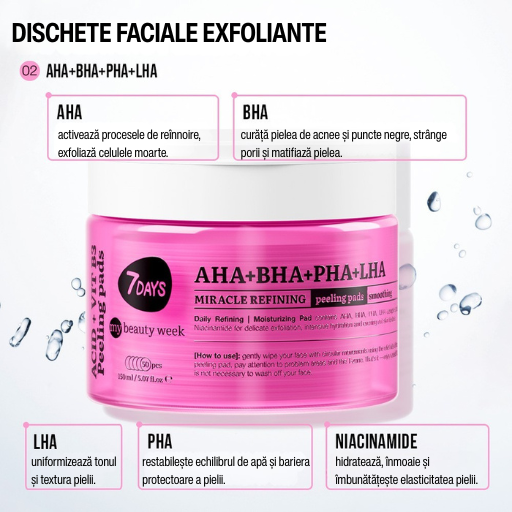 7DAYS Dischete Faciale Exfoliante cu AHA si BHA Multi-Acizi 50buc