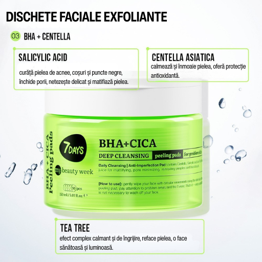 7DAYS Dischete Faciale Exfoliante BHA+CICA Curatare Profunda 50buc