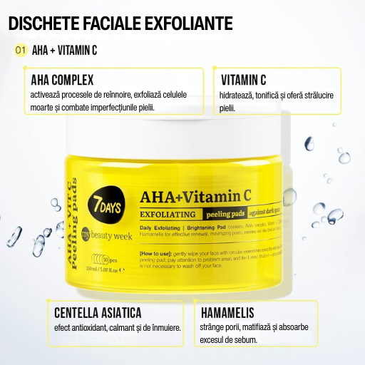 Dischete Faciale Exfoliante 7DAYS MBW AHA + Vitamina C Iluminare 50 buc 150ml