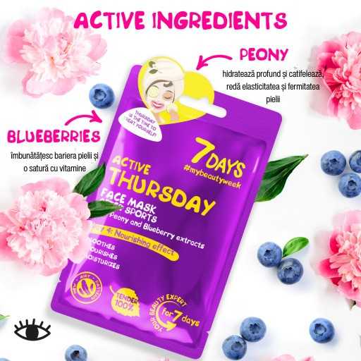 7DAYS Masca de Fata Active Thursday Bujor & Afine 28g - Calmeaza Roseata