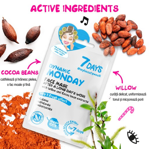 7DAYS Masca de Fata Dynamic Monday Salcie & Boabe de Cacao 28g - Masca Revitalizanta