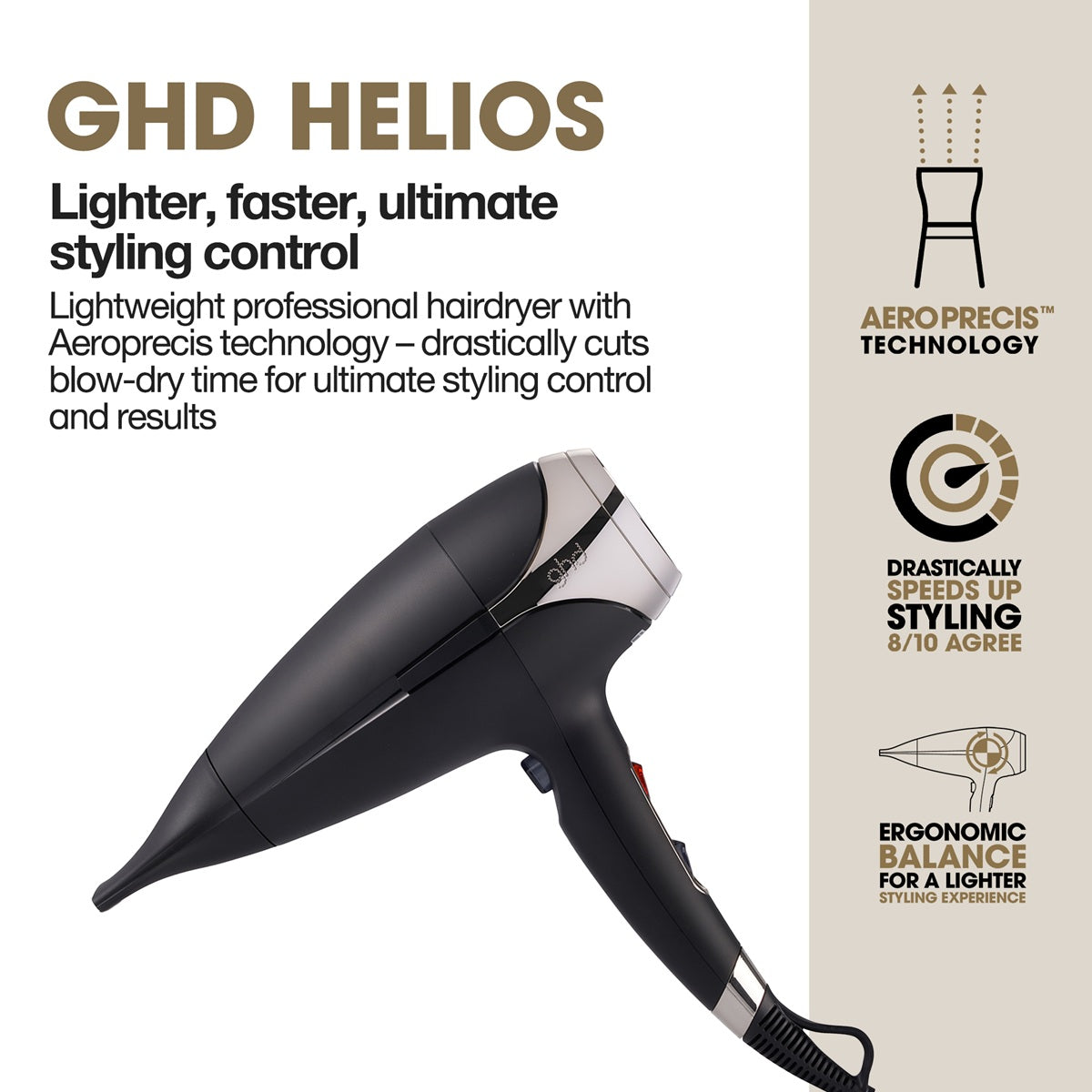 GHD Helios Hairdryer Black 2200W - Uscator de Par Profesional cu Tehnologie Aeroprecis