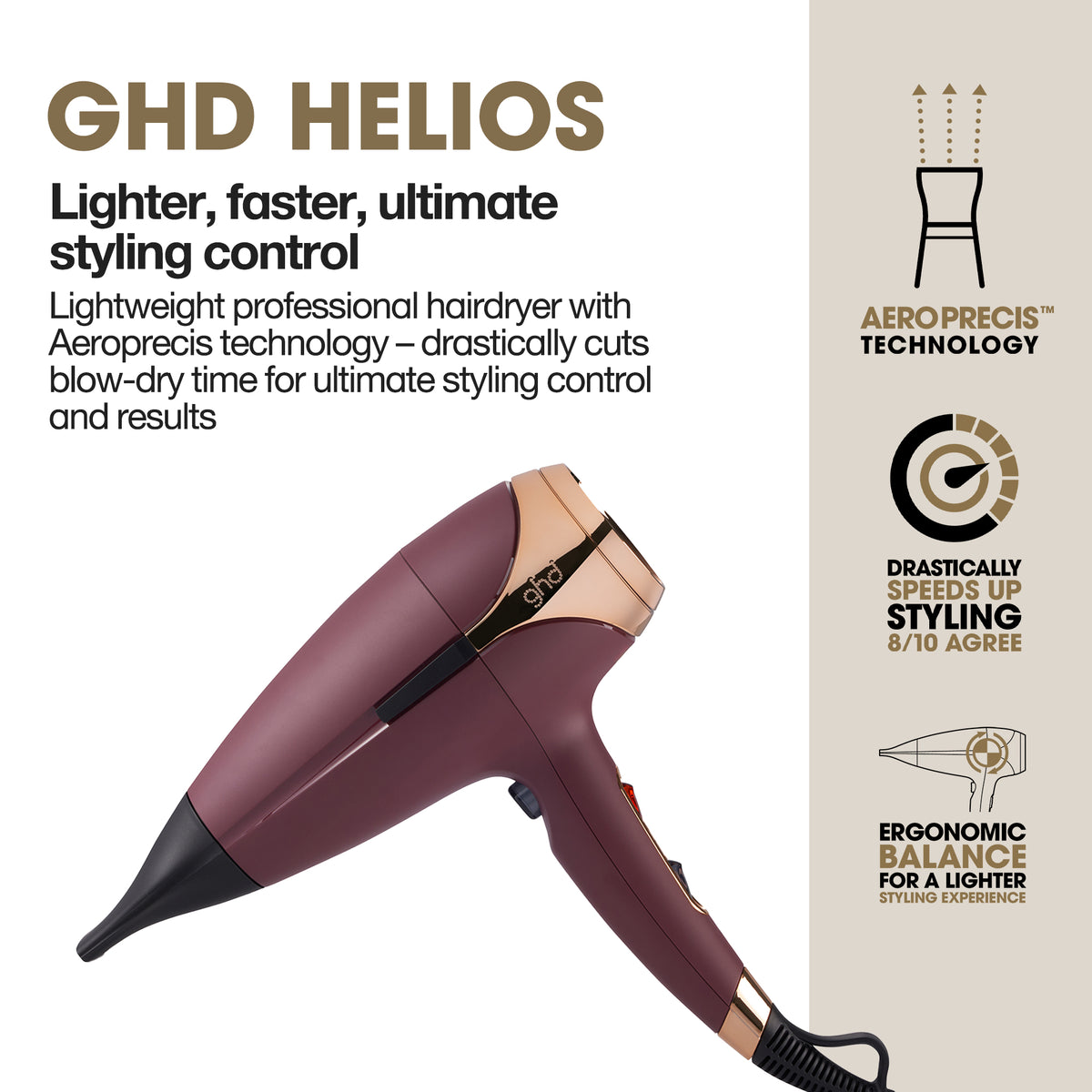 GHD Helios Hairdryer Plum - Uscator de Par Profesional 2200W cu Tehnologie Aeroprecis