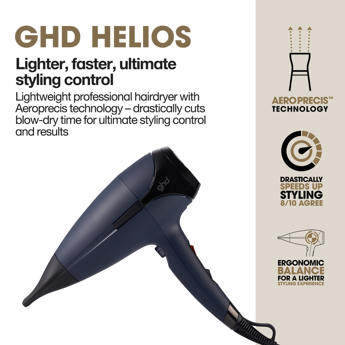GHD Helios Hairdryer Navy - Uscator de Par Profesional 2200W cu Tehnologie Aeroprecis