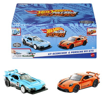 Încarcă imaginea în Galerie, Hot Wheels Set 2 Masinute Metalice Pull Back Gt-Scorcher si Porsche 911 Gt3
