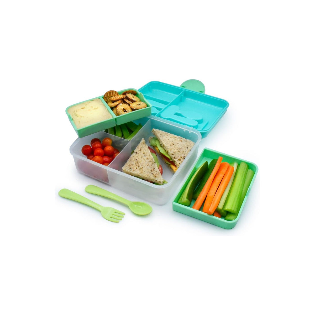 Melii Cutie Pranz Bento 2 Nivele cu Tacamuri Blue Mint Lime