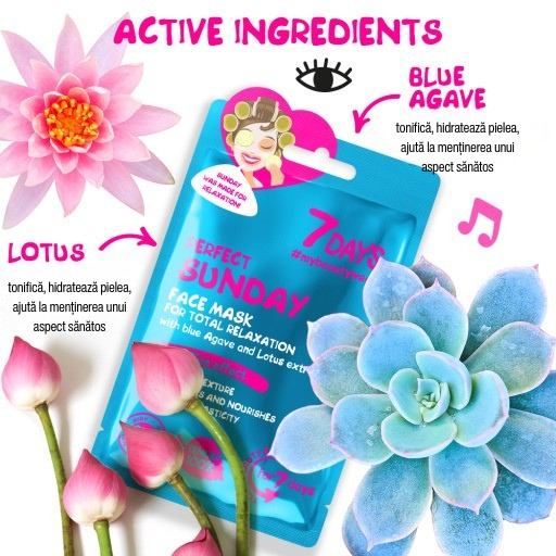 7DAYS Masca de Fata Perfect Sunday Agave Albastra & Lotus 28g - Hidratare Profunda