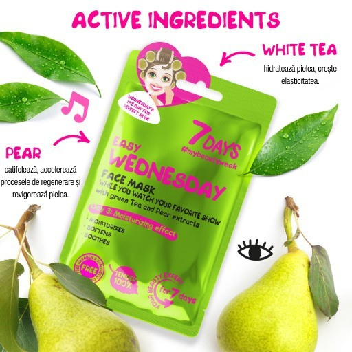 7DAYS Masca de Fata Easy Wednesday Ceai Verde & Para 28g - Reduce Iritatiile