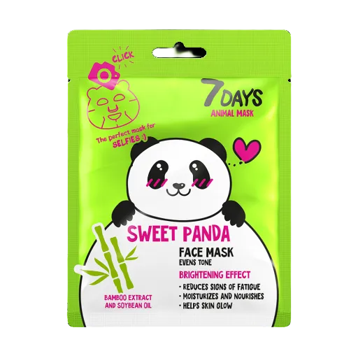 Mască de față tip șervețel 7DAYS Animal Sweet Panda cu imprimeu de panda, cu bambus și ulei de soia, 28 g
