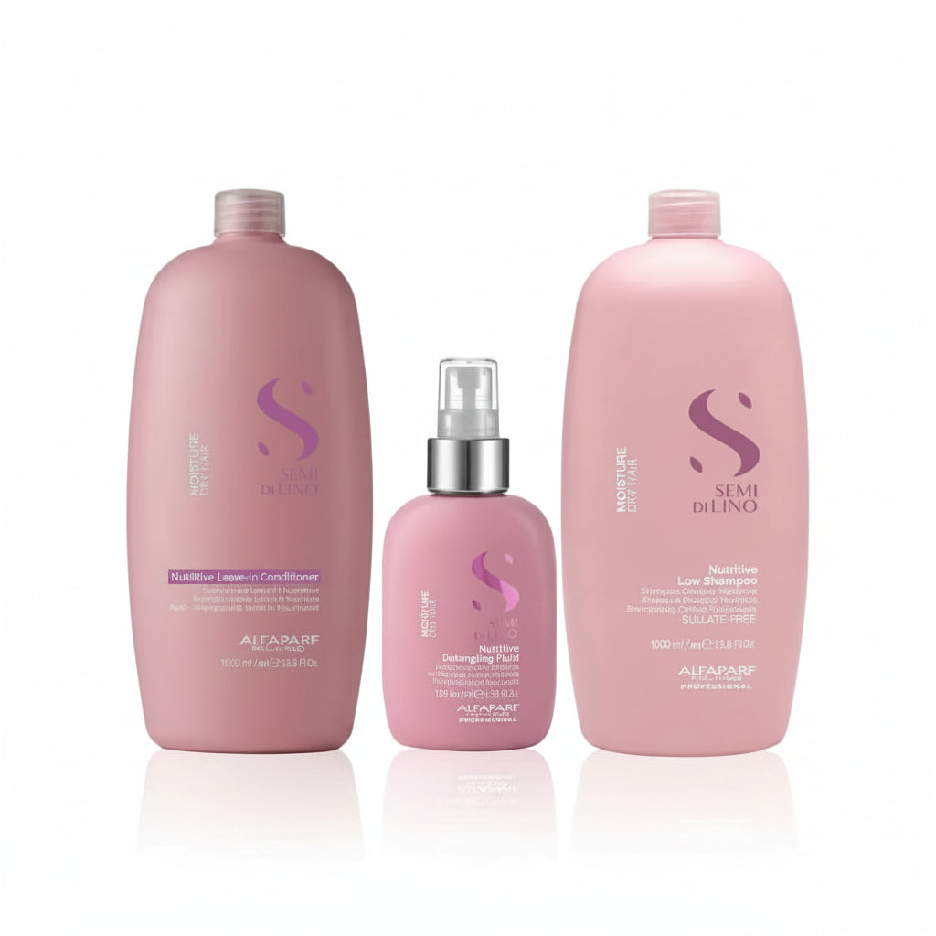 Set Trio Alfaparf Semi Di Lino Moisture - Sampon 1000ml + Conditioner 1000ml + Leave-In 125ml