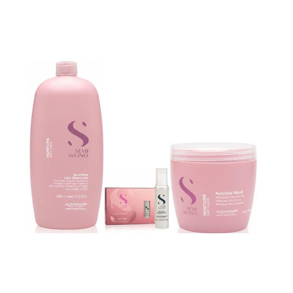 Set Trio Alfaparf Semi Di Lino Moisture - Sampon 1000ml Masca 500ml si Tratament 6 fiole x 13ml
