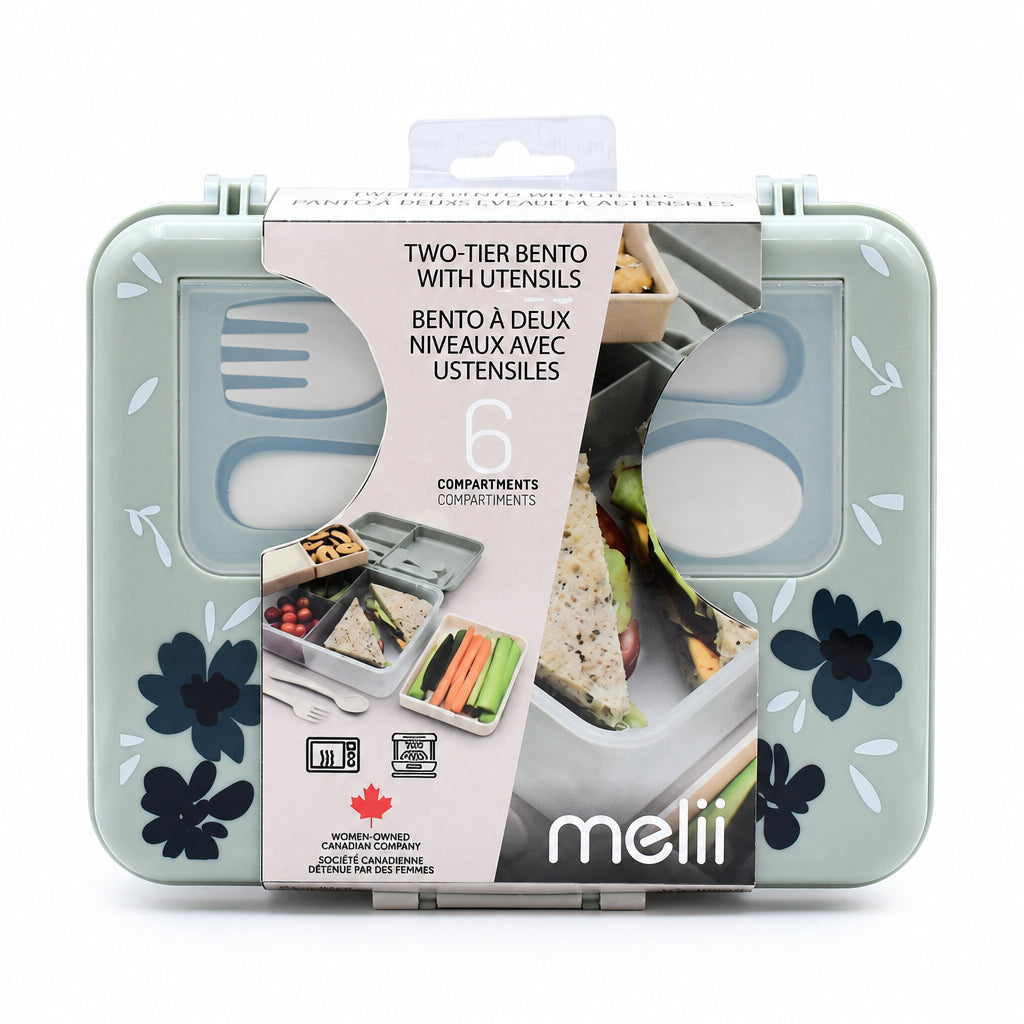 Melii Bento Blue Flowers - Cutie Pentru Pranz cu 2 Niveluri si Tacamuri