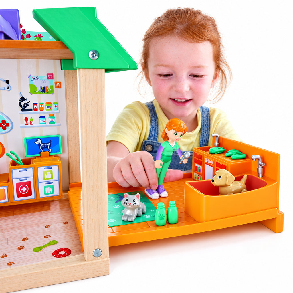 Hape Set Veterinar din Lemn - Clinica Pentru Animale cu Accesorii