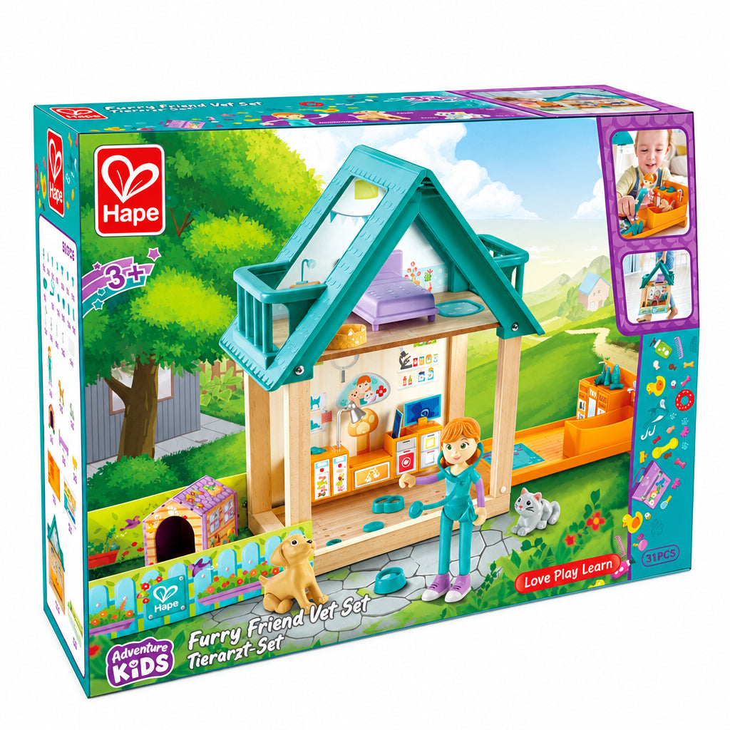 Hape Set Veterinar din Lemn - Clinica Pentru Animale cu Accesorii