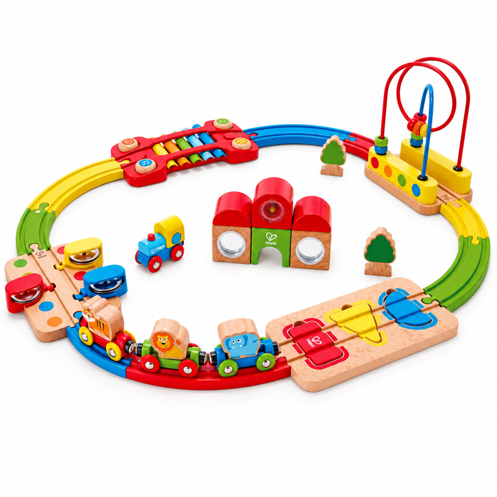 Hape Sina de Tren Curcubeu - Set Feroviar cu Xilofon si Tamburina