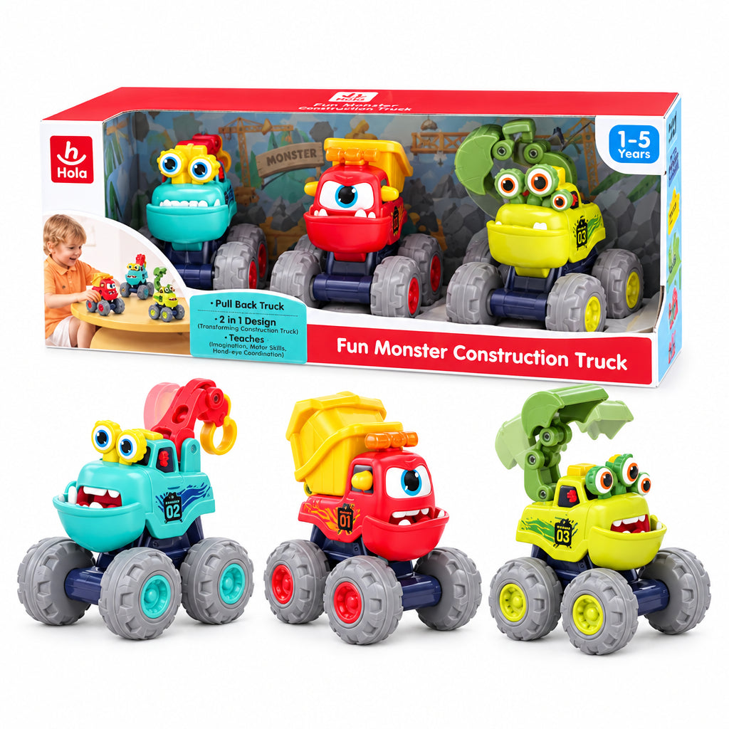Hola Set 3 Masinute de Constructie - Monstruletii Amuzanti cu Frictiune