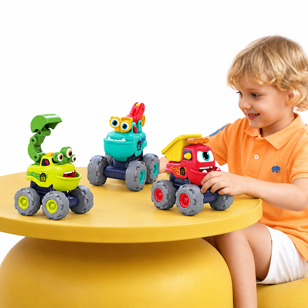 Hola Set 3 Masinute de Constructie - Monstruletii Amuzanti cu Frictiune