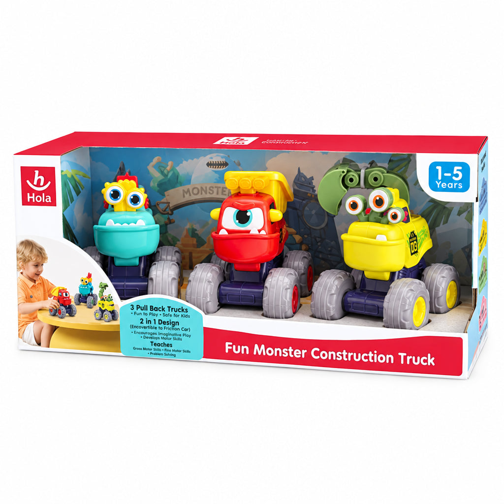 Hola Set 3 Masinute de Constructie - Monstruletii Amuzanti cu Frictiune