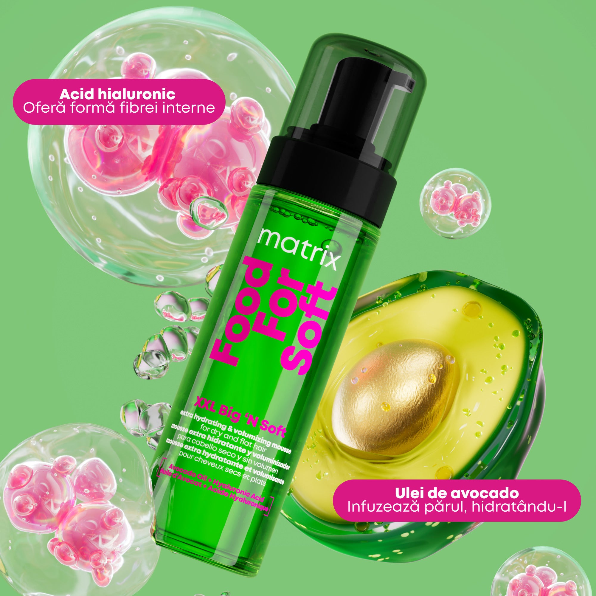 Matrix Food For Soft XXL Big'N Soft este o spuma profesionala pentru styling, creata pentru toate tipurile si texturile de par uscat sau lipsit de volum.