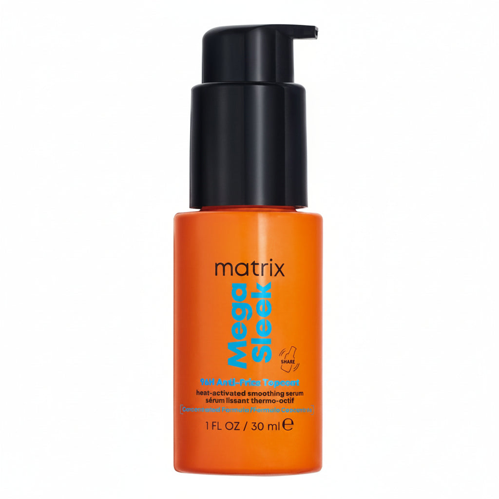 Matrix Mega Sleek 96H Anti-Frizz Topcoat este un serum concentrat de netezire, activat de caldura, creat pentru controlul avansat al frizz-ului si electrizarii.