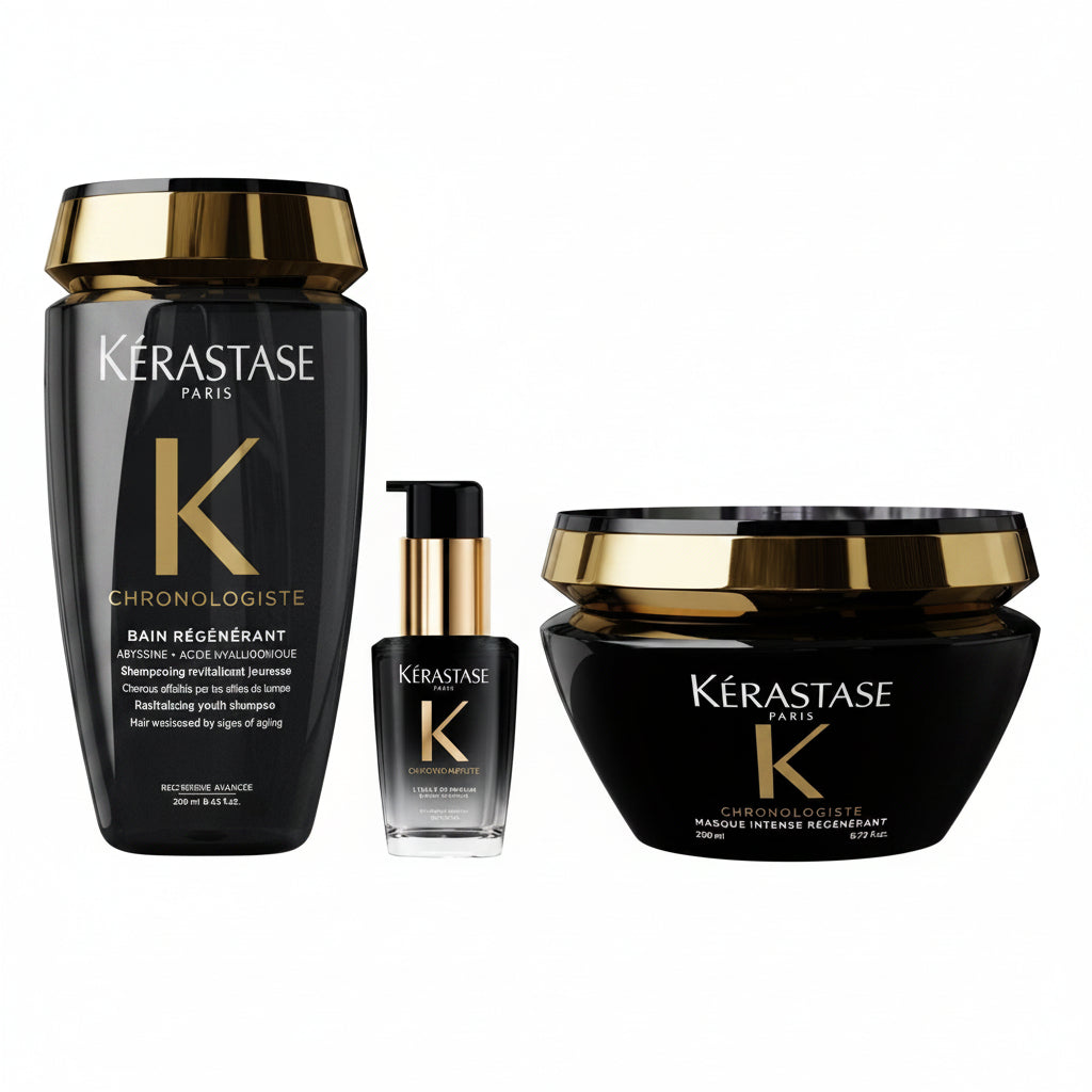 Kérastase Chronologiste Set este un ritual complet de îngrijire anti-aging, conceput pentru a revitaliza părul de la rădăcină până la vârfuri.