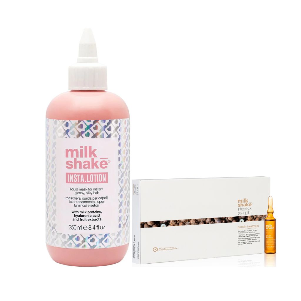 Combinatia dintre MilkShake Insta Lotion 250ml si MilkShake Integrity Repairing Hair Lotion 8x10ml ofera un efect instant de stralucire, hidratare si reparare profunda a fibrei capilare.