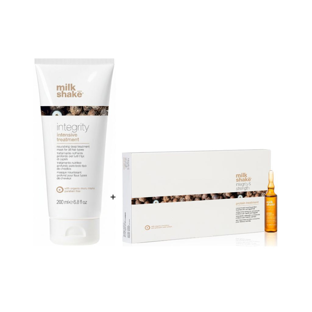 Combinatia dintre MilkShake Integrity Intensive Treatment 200ml si MilkShake Integrity and Strength Repairing Hair Lotion 8x10ml ofera un tratament complet de ingrijire intensiva, cu efect de hranire profunda si refacere a fibrei capilare.