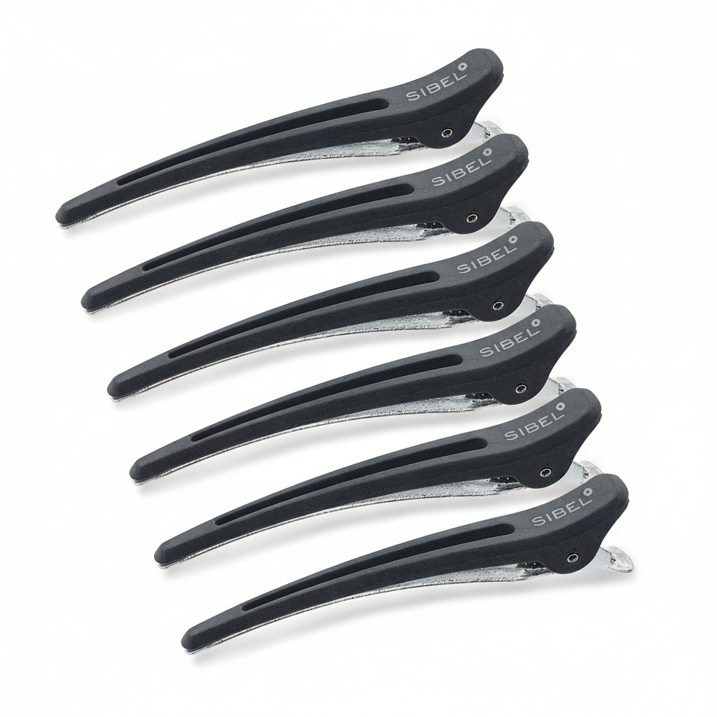 Sibel Section Clips Carbon-Alu Black M 6pcs - Clame Profesionale Pentru Sectionarea Parului