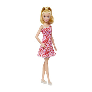 Barbie Papusa Fashionista Blonda cu Parul Prins in Coada si Rochie cu Floricele