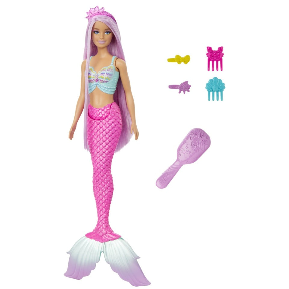 Barbie Papusa Sirena cu Par Mov si Coada Roz 33cm