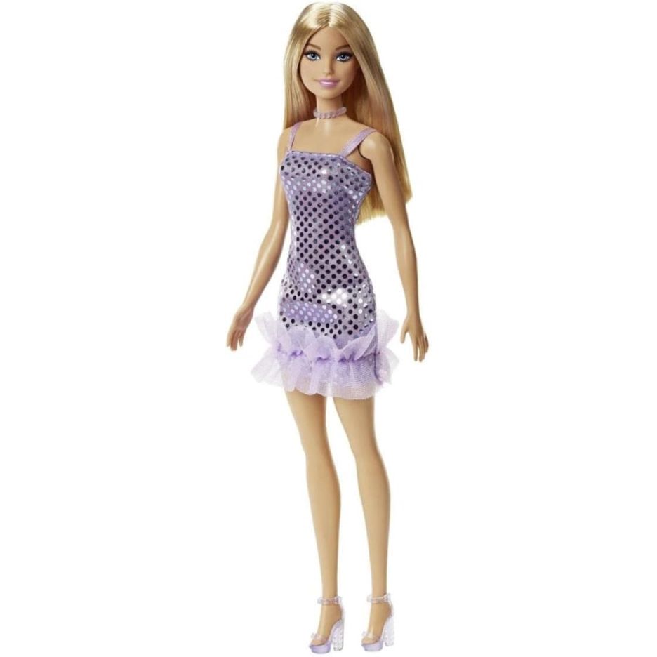 Barbie Papusa Tinute Stralucitoare Blonda cu Rochita Mov 33cm