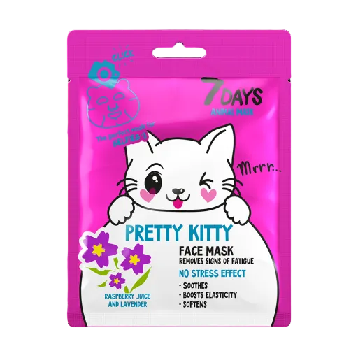 Mască de față tip șervețel 7DAYS Animal Pretty Kitty cu imprimeu de pisicuță, zmeură și lavandă, 28 g