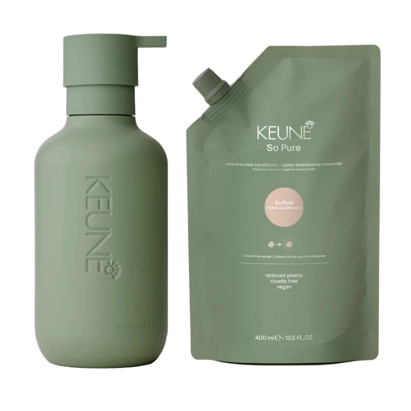 Keune Kit So Pure Polish 400ml - Dispenser + Balsam Anti-Frizz pentru Netezirea Parului