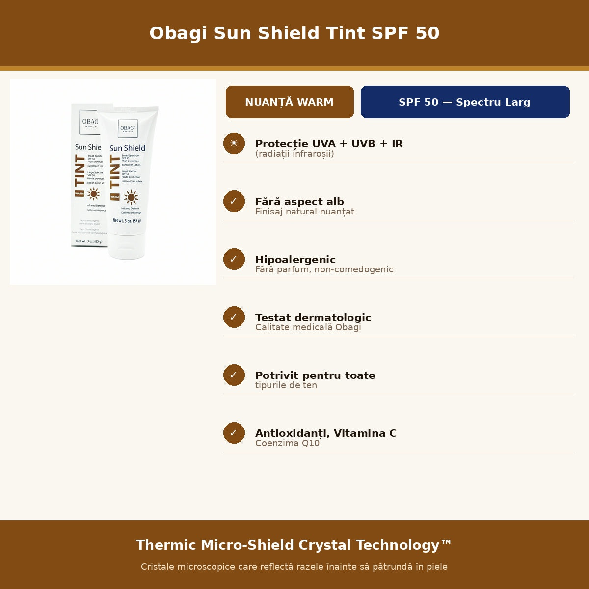 Obagi Sun Shield Tint Warm SPF50 85gr - Protectie Solara Nuantatoare
