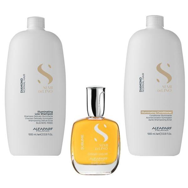 Set Alfaparf Semi di Lino Diamond Illuminating - Sampon 1000ml Balsam 1000ml si Ser 50ml - Beauty Lounge