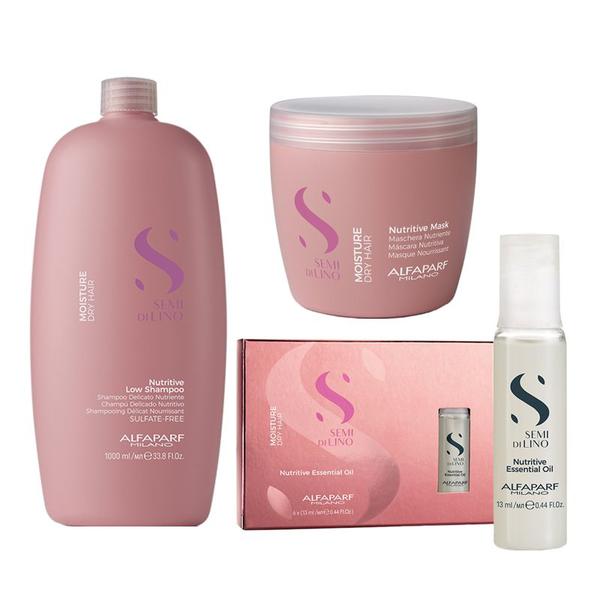 Set Alfaparf Semi di Lino Moisture - Sampon 1000ml Masca 500ml si Ser Tratament 6 fiole x 13ml - Beauty Lounge