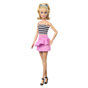 Barbie Papusa Fashionista Blonda cu Parul Prins in Coada si Fusta Roz