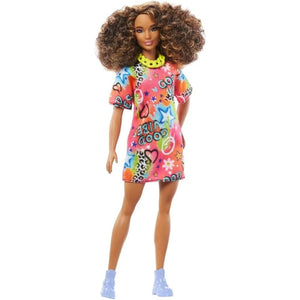 Barbie Papusa Fashionista Satena cu Rochie cu Imprimeu Good Vibes