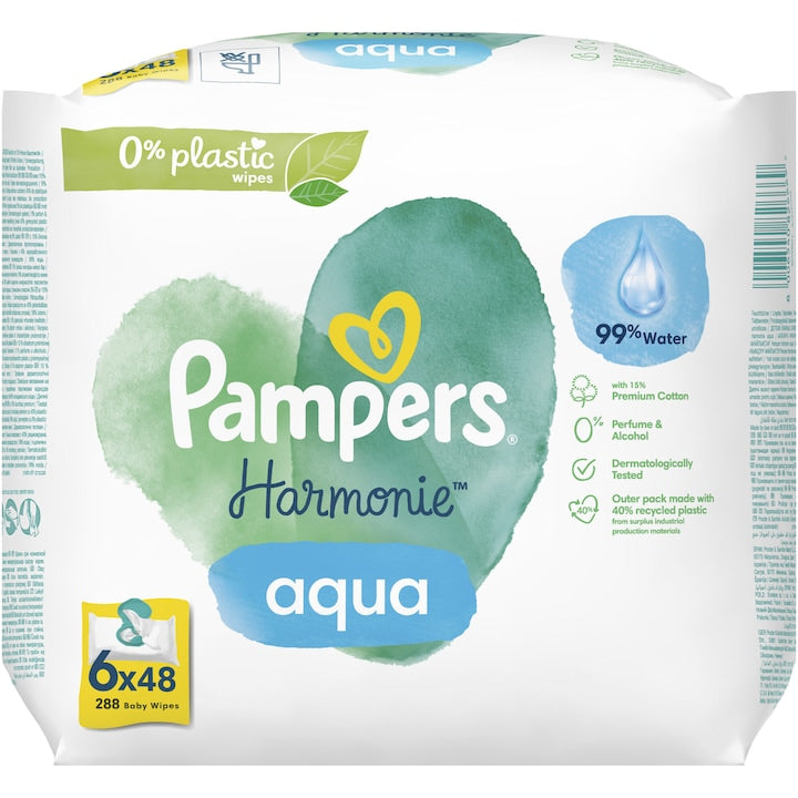 Pampers Harmonie Aqua Plastic Free 6 x 48buc - Servetele Umede 288buc