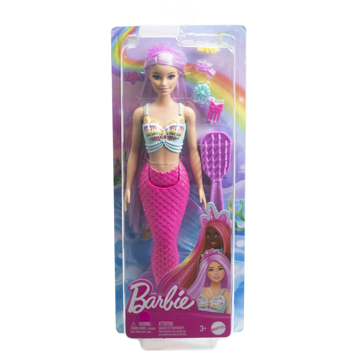 Barbie Papusa Sirena cu Par Mov si Coada Roz 33cm