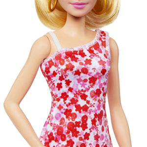 Barbie Papusa Fashionista Blonda cu Parul Prins in Coada si Rochie cu Floricele